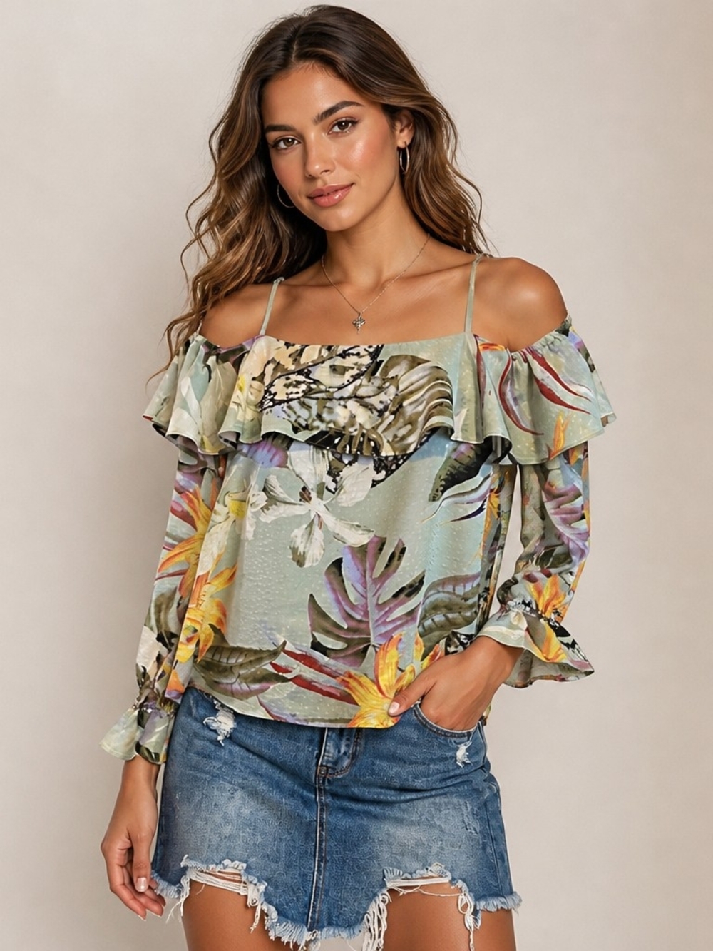 Guess Sage Green Floral Off-Shoulder Ruffle Camisole